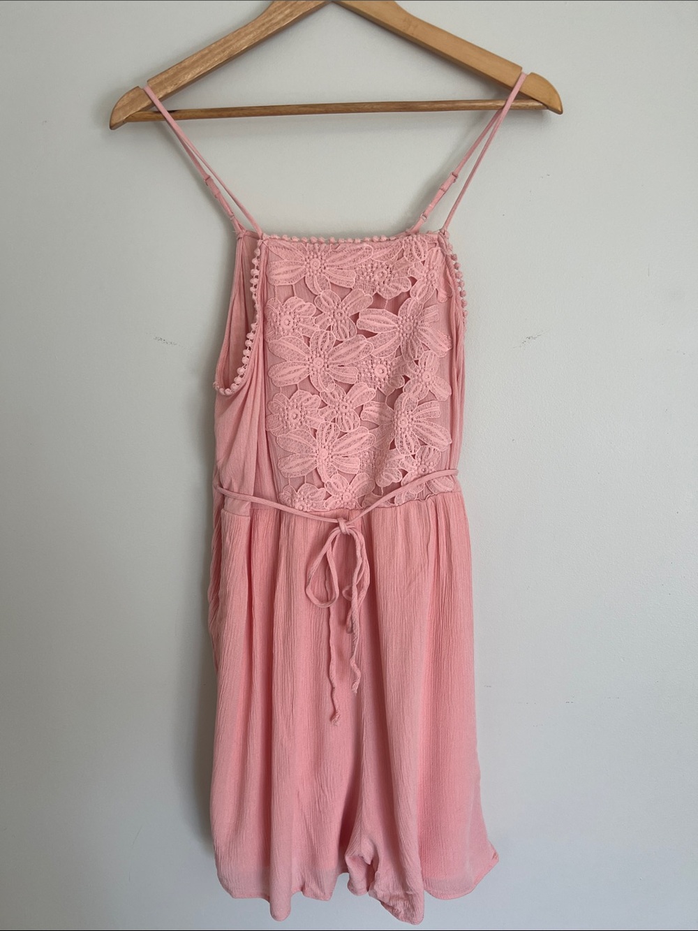 Xhilaration Blush Pink Lace-Front Mini Romper with Tie Waist